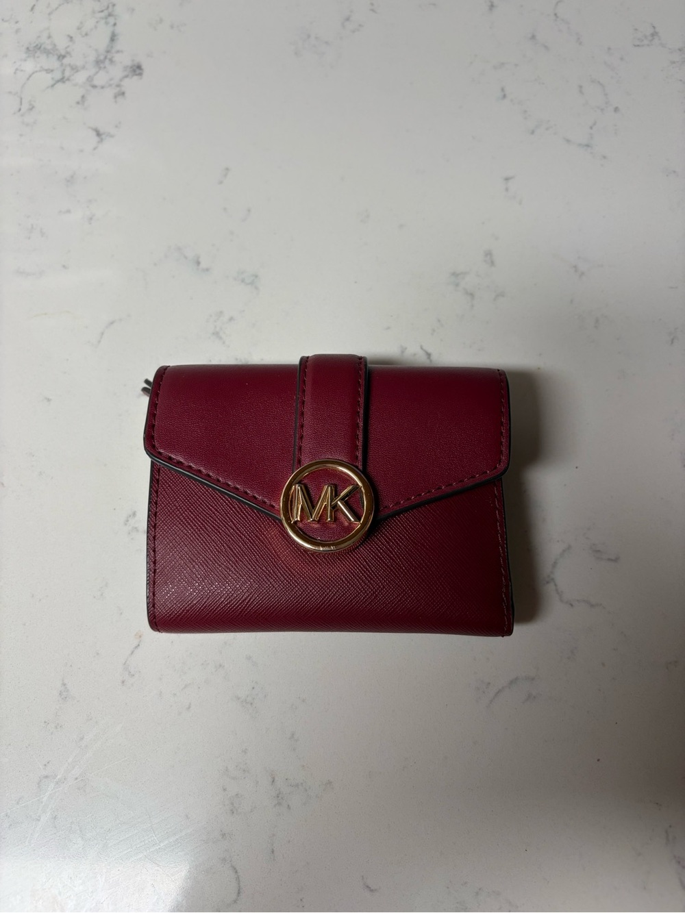 Michael Kors Wine Red / Maroon Leather Snap Wallet with Gold MK Emblem